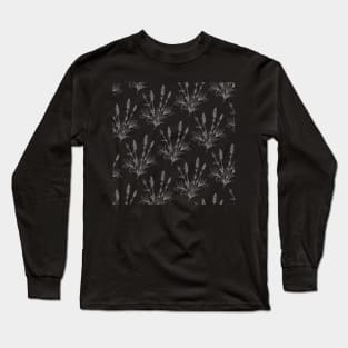 Lavender Line Art Black Background White Line Pattern Long Sleeve T-Shirt